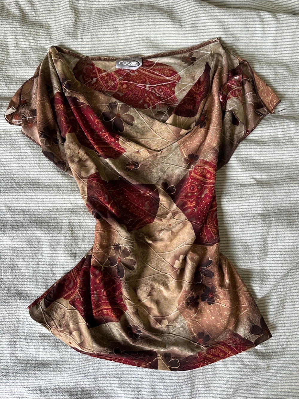 rave Vintage Y2K Burgundy and Tan Floral Cowl Neck Flutter Sleeve Top
